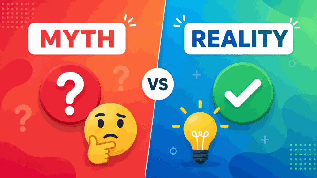 Rice Purity Test myths vs reality illustration showing question mark and checkmark icons